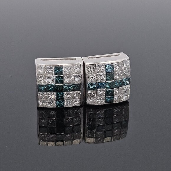 14K White Gold Blue Diamond Cross Princess Stud Earrings 1.50TCW 4.13 Grams - Picture 8 of 16